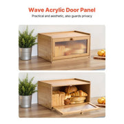Bread Box for Kitchen Counter, Large Capacity Bamboo Bread Storage Container, Farmhouse Wooden Breadbox Organizer for Homemade Bread, Storage Holder Bin with Acrylic Wavy Door Panel, Natural