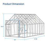 8' W x 16' D Walk-in Polycarbonate Greenhouse with Roof Vent, Sliding Doors, Aluminum Hobby Hot House for Outdoor Garden Backyard