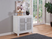 Rio Accent Cabinet - Vintage Pie Safe Inspiration - Lattice Work Front, Remote-Friendly - Farmhouse Style, Distressed White Finish - Perfect for Casual D?cor