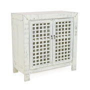 Rio Accent Cabinet - Vintage Pie Safe Inspiration - Lattice Work Front, Remote-Friendly - Farmhouse Style, Distressed White Finish - Perfect for Casual D?cor