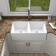 Ceramic White 33*18*10" Kitchen Double Basin Farmhouse Sink Rectangular Vessel Sink