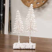 Heavy Flocked White Pine Tree Pair on Log