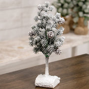Flocked Bristle Pine Tree with Cones on Log - 9"