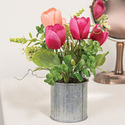 Pink Tulips & Wildflowers in Metal Pot - 8.5"H