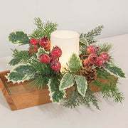 Icy Winterberry Holly & Pine Candle Ring - 4"