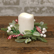 Flocked Lamb's Ear with White Berries & Peppermint Ribbon Candle Ring - 3.5"