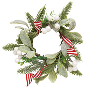 Flocked Lamb's Ear with White Berries & Peppermint Ribbon Candle Ring - 3.5"
