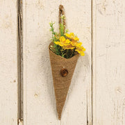 Yellow Blossoms & Baby's Breath In Burlap Cone Hanger