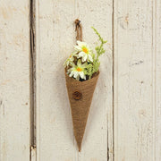 White Daisies & Baby's Breath In Burlap Cone Hanger