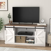 Farmhouse TV Stand in White Wood Finish with Sliding Doors for TV up to 65-inch