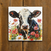 Black & White Cow In Flowers Print - 12 " Sq.