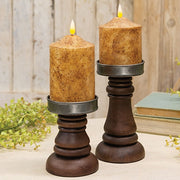 Walnut Stained Wood & Metal Pillar Holders (Set of 2)