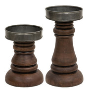 Walnut Stained Wood & Metal Pillar Holders (Set of 2)