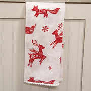 Yuletide Forest Folklore Dish Towel With White Pom Poms