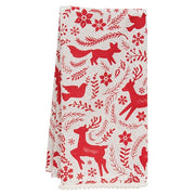 Yuletide Forest & Floral Folklore Dish Towel With White Pom Poms