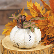 Distressed White Metal Pumpkin with Leaves - 5-1/2 In H