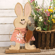 Rustic Wood Standing Girl Bunny with Carrot on Base