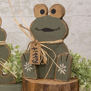 Rustic Wood Sitting Baby Frog with "Ribbit" Tag