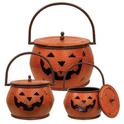 Hammered Orange Metal Jack O Lantern Cauldrons with Lids (Set of 3)