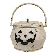 Shabby Chic White Metal Jack O Lantern Cauldrons with Lids (Set of 3)