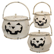 Shabby Chic White Metal Jack O Lantern Cauldrons with Lids (Set of 3)