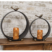 Round Black Metal Bird Topped Pillar Lanterns (Set of 2)