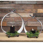 Round White Metal Bird Topped Pillar Lanterns (Set of 2)