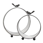 Round White Metal Bird Topped Pillar Lanterns (Set of 2)