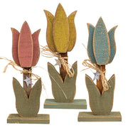 Rustic Wood Tulip on Base - 17.5"H  (3 Count Assortment)