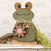Rustic Wood Sitting Garden Friends Frog on Base with Daisy - 18.75"H