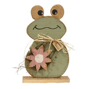 Rustic Wood Sitting Garden Friends Frog on Base with Daisy - 18.75"H