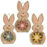 Rustic Wood Hanging Bunny with Daisy - 18"H  (3 Count Assortment)