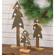 Rustic Wood Christmas Tree with White Stars on Base - 10.75"H