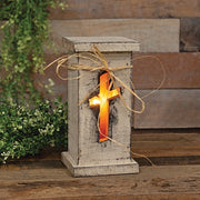 Rustic White Wood Cross Cutout Light Up Pedestal - 10.75"H