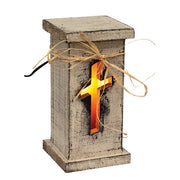 Rustic White Wood Cross Cutout Light Up Pedestal - 10.75"H
