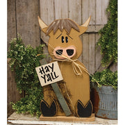 Rustic Wood Hay Y'all Highland Cow On Base - 25.25"H