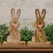 Rustic Wood Baby Bunny With Raffia Bow On Base - 9"H  (2 Count Assortment)