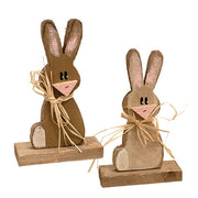 Rustic Wood Baby Bunny With Raffia Bow On Base - 9"H  (2 Count Assortment)