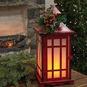 Distressed Red Metal Fireglow Lantern with Winter Greenery - 10"H
