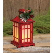 Distressed Red Metal Fireglow Lantern with Winter Greenery - 10"H