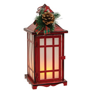 Distressed Red Metal Fireglow Lantern with Winter Greenery - 10"H