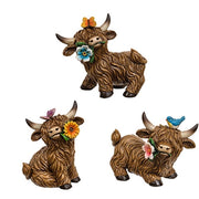 Resin Flower & Friend Highland Cow Figure  (3 Count Assortment)