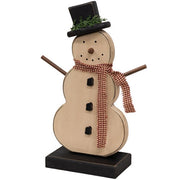 Distressed Wooden Snowman on Base with Gingham Scarf