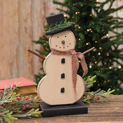 Distressed Wooden Snowman on Base with Gingham Scarf