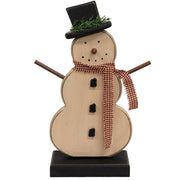 Distressed Wooden Snowman on Base with Gingham Scarf