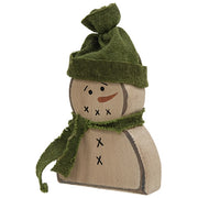 Wooden Primitive Snowman Sitter with Green Hat & Scarf