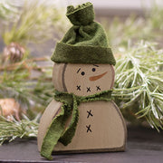 Wooden Primitive Snowman Sitter with Green Hat & Scarf