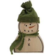 Wooden Primitive Snowman Sitter with Green Hat & Scarf