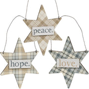 Love - Hope - Peace Plaid Star Ornament  (3 Count Assortment)
