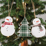 Plaid Christmas Tree & Snowmen Ornaments (Set of 3)